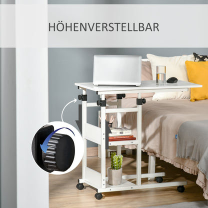 Side Table Coffee Table with Casters, Height Adjustable Desk with 2 Lower Shelves, Coffee Table Laptop Table, Bedside Table, for Dining Living Room, Metal, White, 80x40x72-82 cm