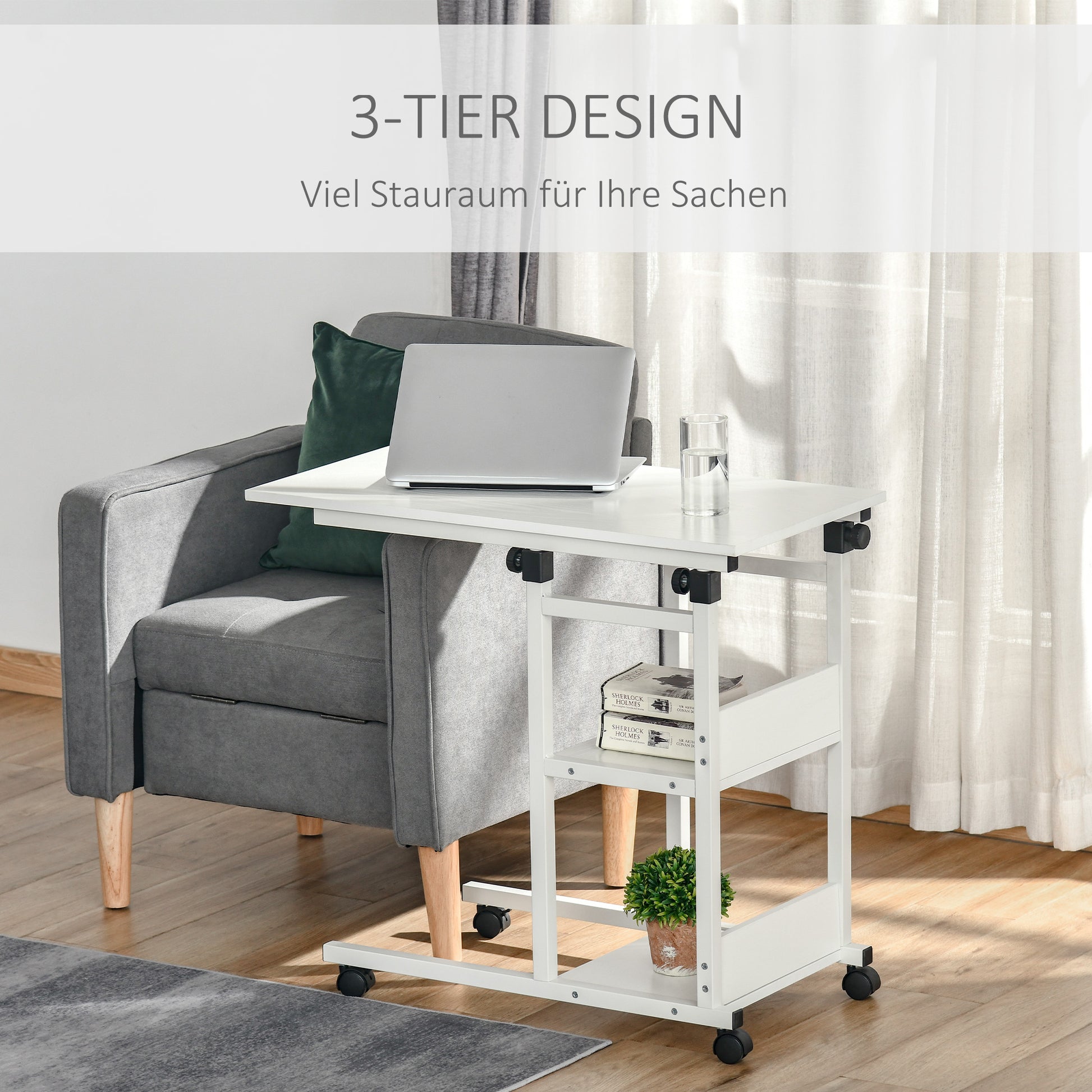 Side Table Coffee Table with Casters, Height Adjustable Desk with 2 Lower Shelves, Coffee Table Laptop Table, Bedside Table, for Dining Living Room, Metal, White, 80x40x72-82 cm