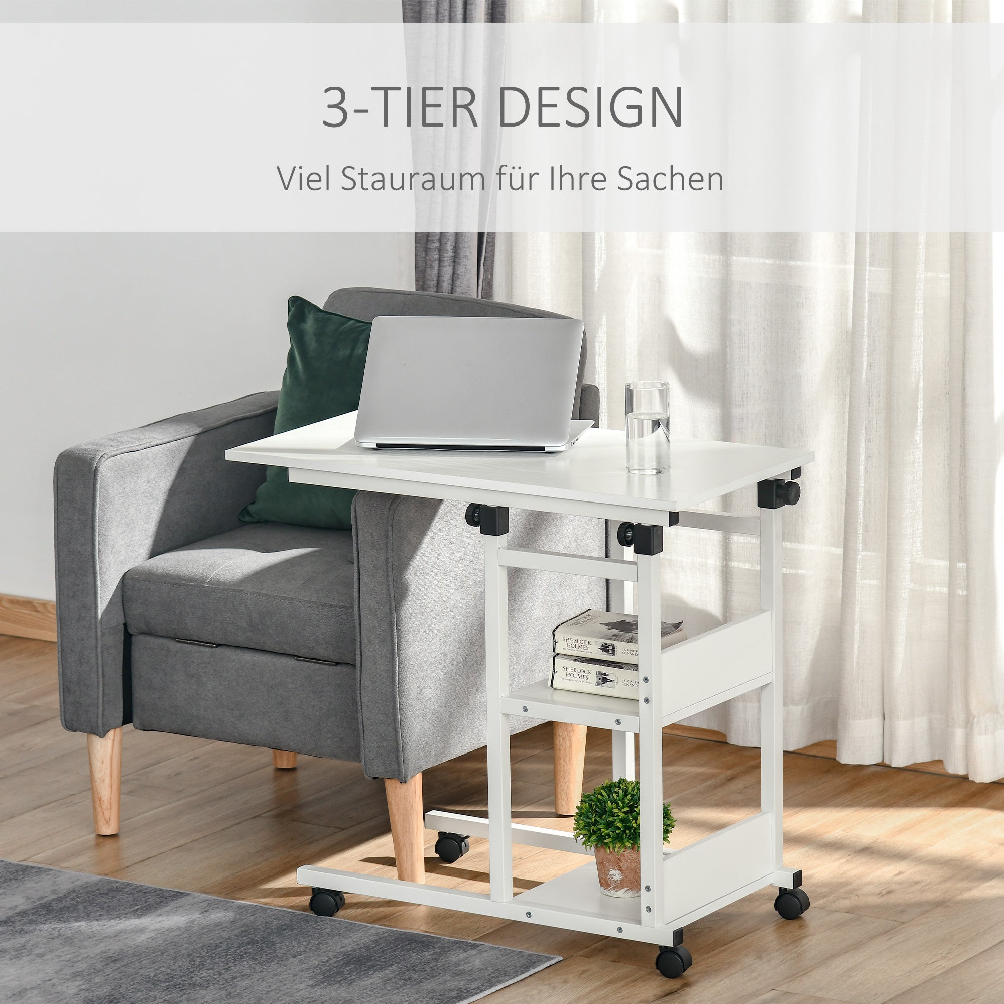 Side Table Coffee Table with Casters, Height Adjustable Desk with 2 Lower Shelves, Coffee Table Laptop Table, Bedside Table, for Dining Living Room, Metal, White, 80x40x72-82 cm