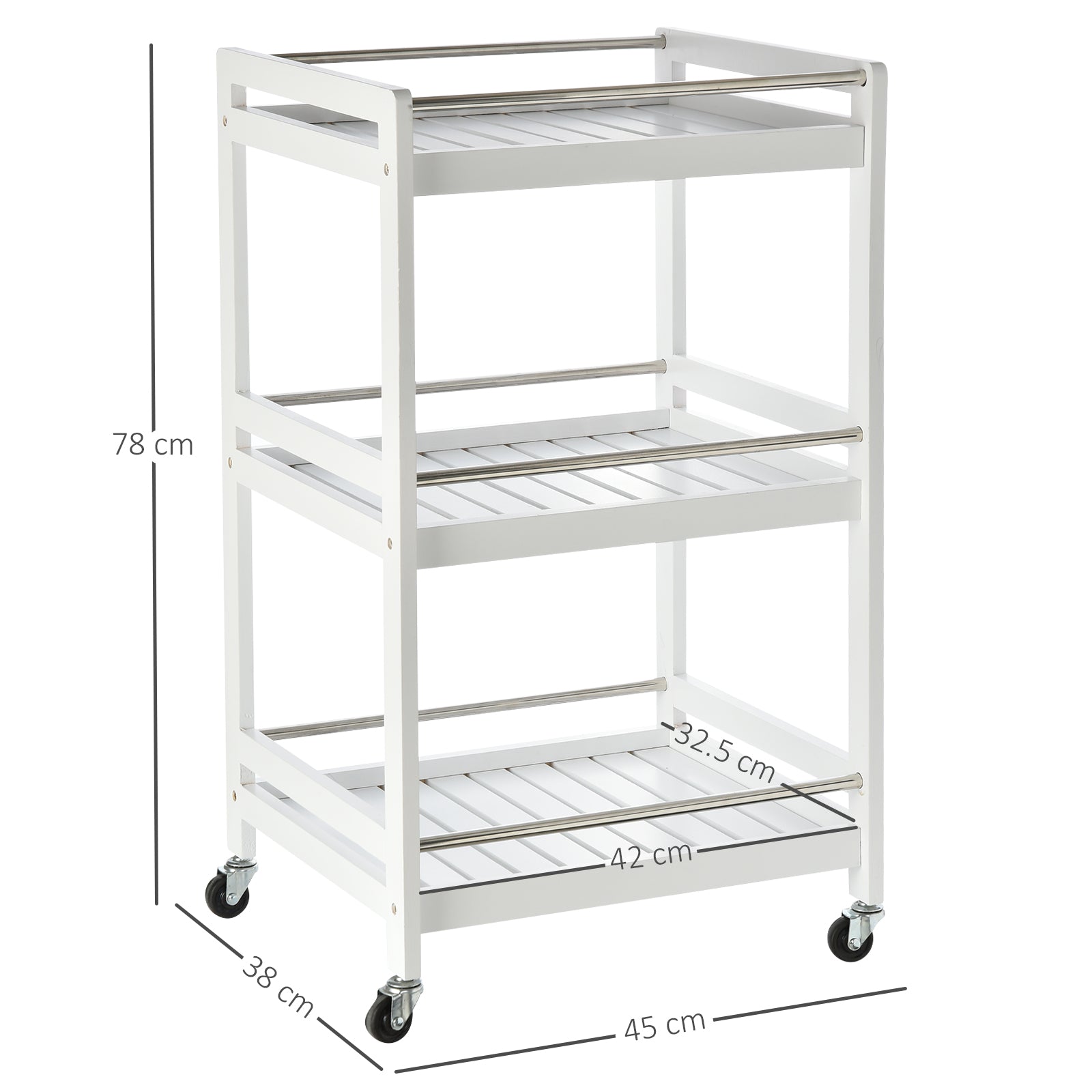 Space-Saving Kitchen Cart in Wood and Stainless Steel, with 3 Shelves and 4 360° Wheels, White, 45cm x 38cm x 78cm