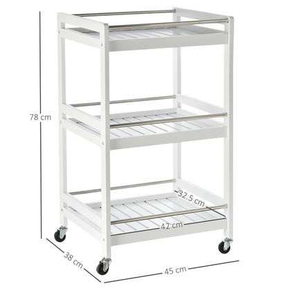 Space-Saving Kitchen Cart in Wood and Stainless Steel, with 3 Shelves and 4 360° Wheels, White, 45cm x 38cm x 78cm