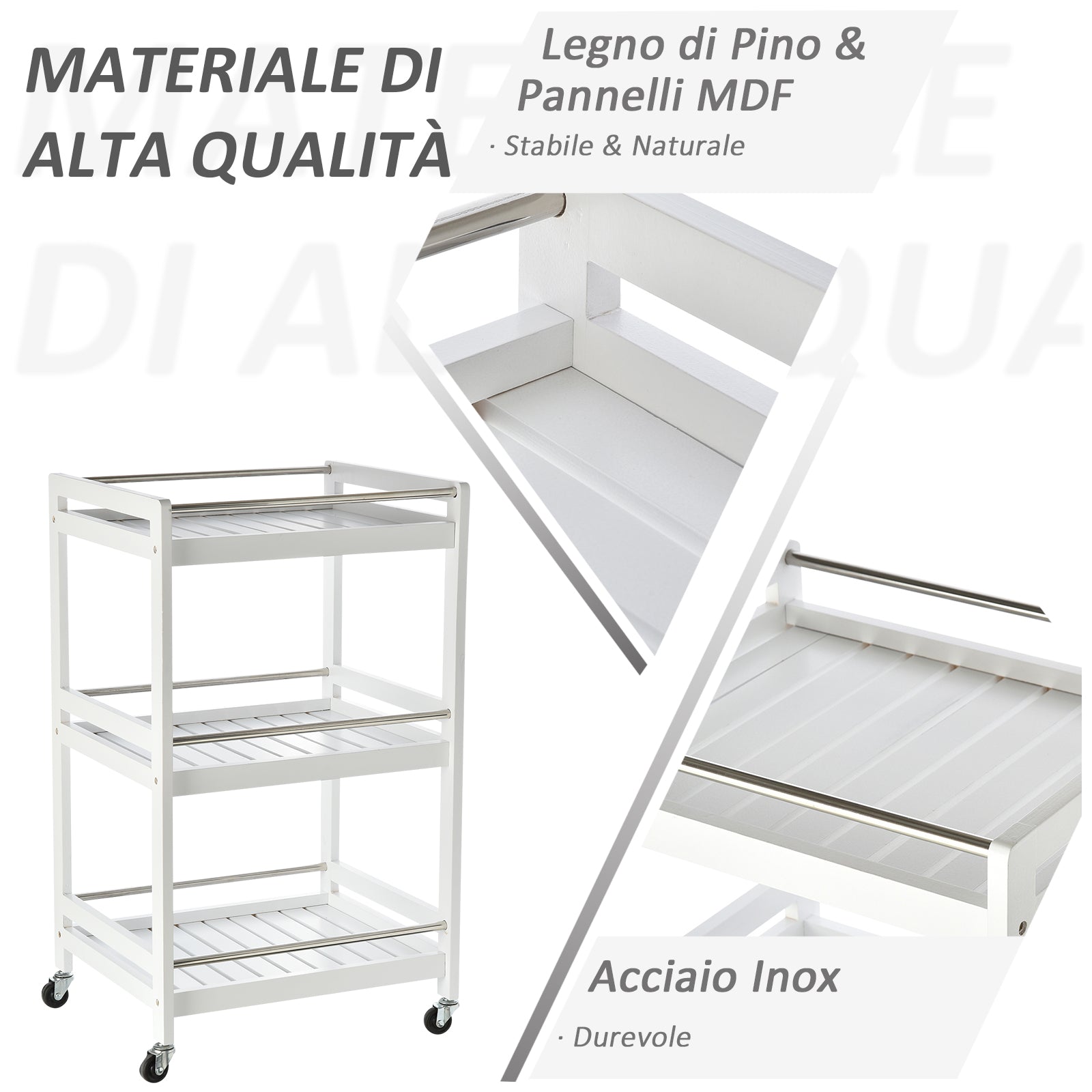 Space-Saving Kitchen Cart in Wood and Stainless Steel, with 3 Shelves and 4 360° Wheels, White, 45cm x 38cm x 78cm