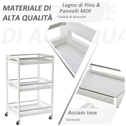 Space-Saving Kitchen Cart in Wood and Stainless Steel, with 3 Shelves and 4 360° Wheels, White, 45cm x 38cm x 78cm