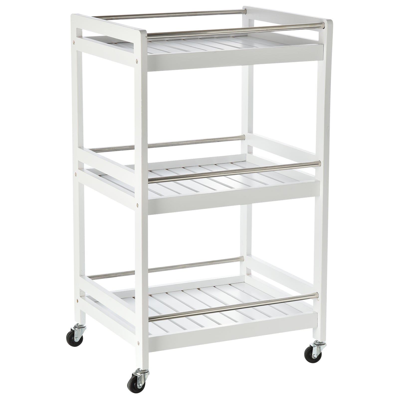 Space-Saving Kitchen Cart in Wood and Stainless Steel, with 3 Shelves and 4 360° Wheels, White, 45cm x 38cm x 78cm