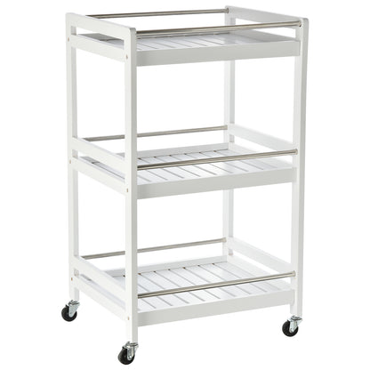 Space-Saving Kitchen Cart in Wood and Stainless Steel, with 3 Shelves and 4 360° Wheels, White, 45cm x 38cm x 78cm
