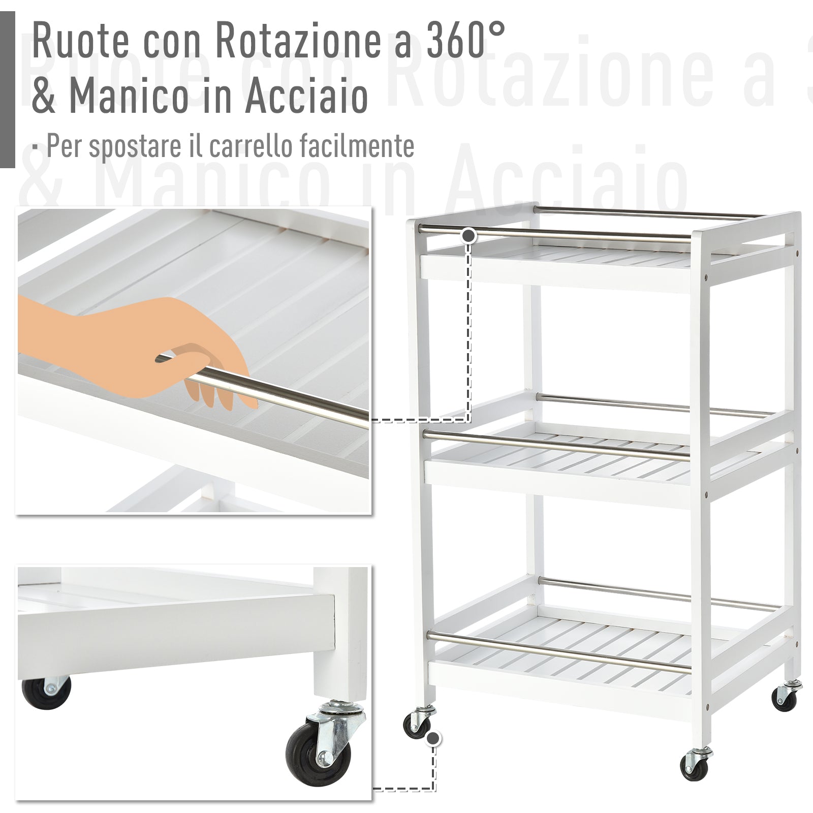 Space-Saving Kitchen Cart in Wood and Stainless Steel, with 3 Shelves and 4 360° Wheels, White, 45cm x 38cm x 78cm