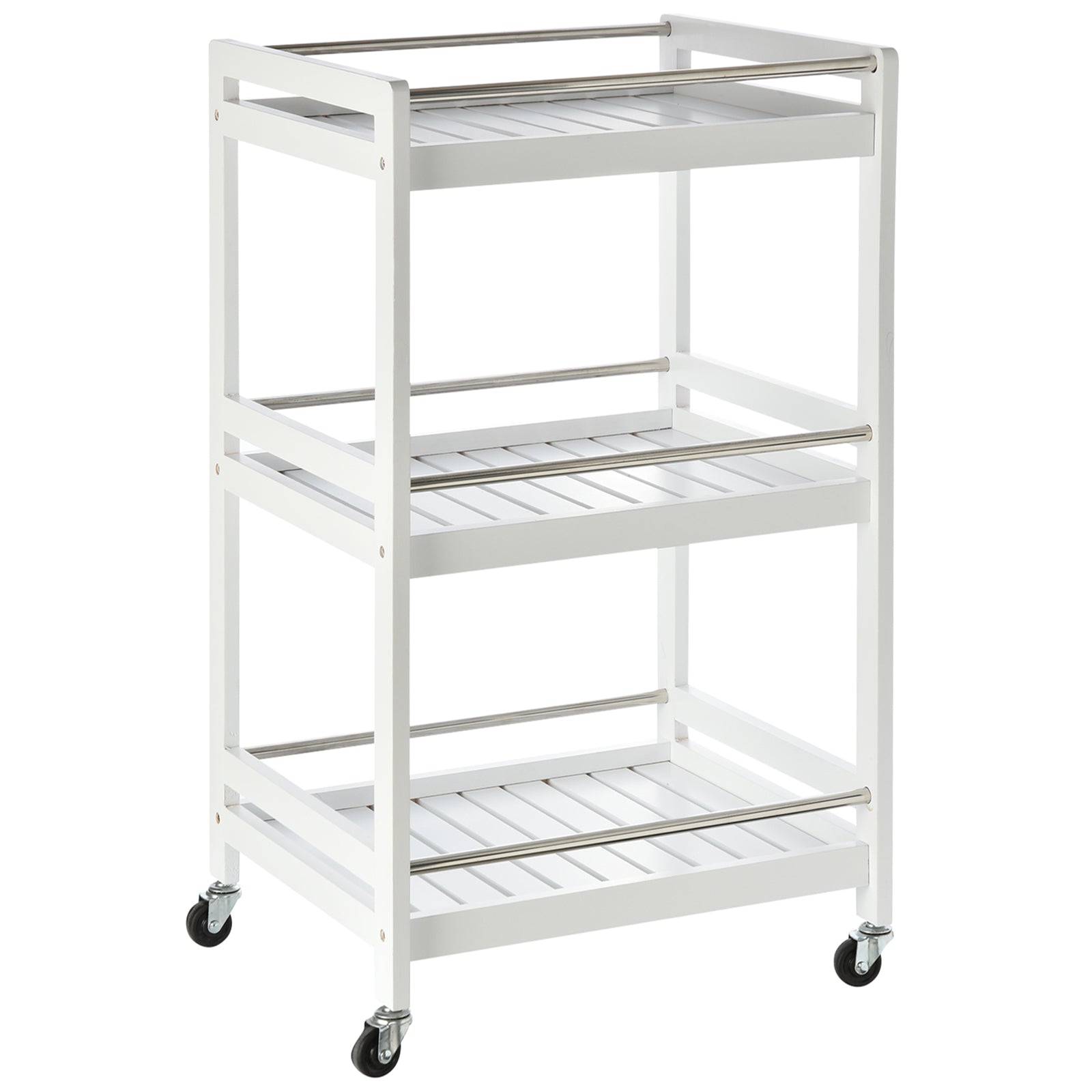 Space-Saving Kitchen Cart in Wood and Stainless Steel, with 3 Shelves and 4 360° Wheels, White, 45cm x 38cm x 78cm