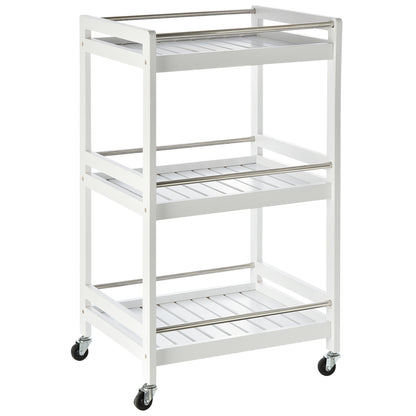 Space-Saving Kitchen Cart in Wood and Stainless Steel, with 3 Shelves and 4 360° Wheels, White, 45cm x 38cm x 78cm