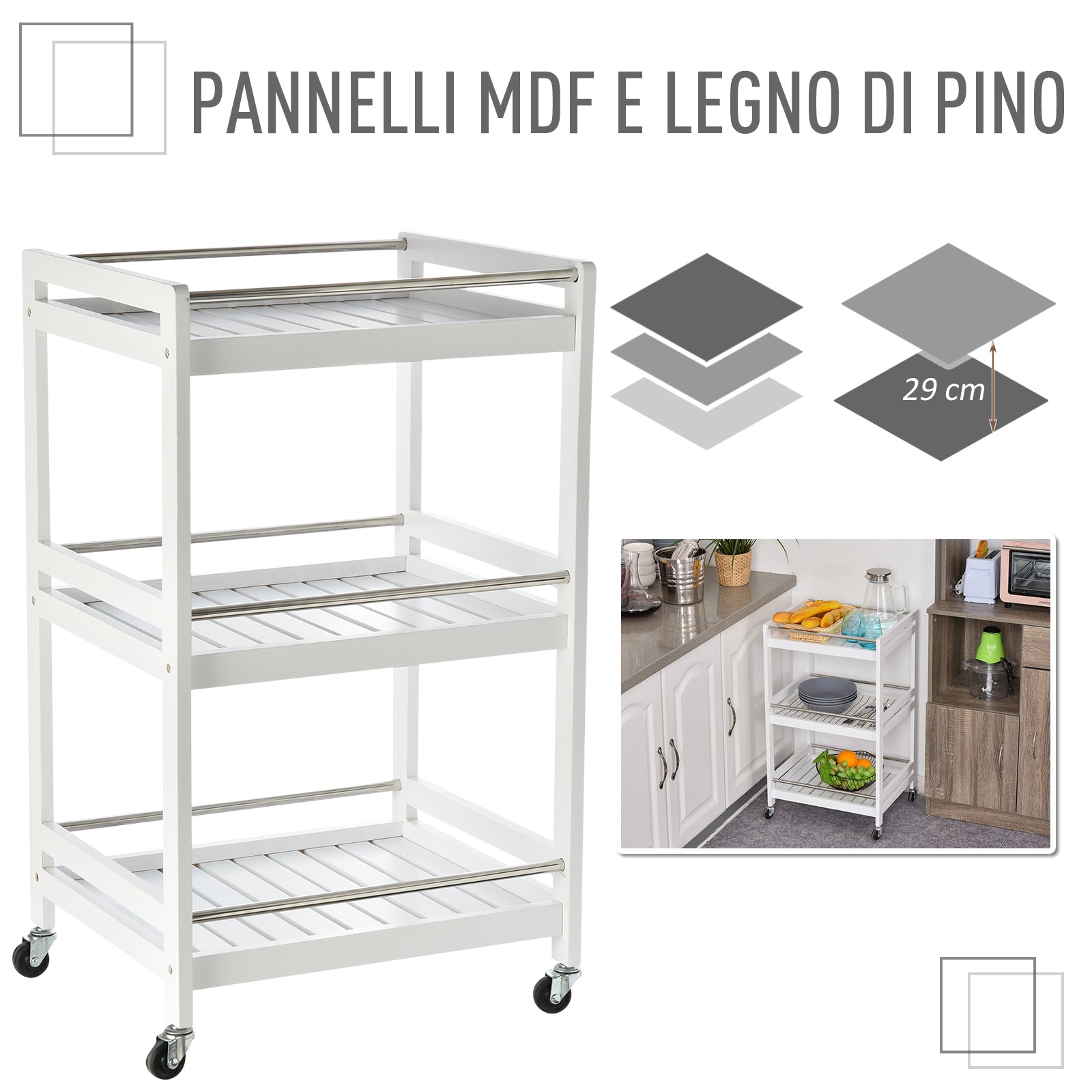 Space-Saving Kitchen Cart in Wood and Stainless Steel, with 3 Shelves and 4 360° Wheels, White, 45cm x 38cm x 78cm