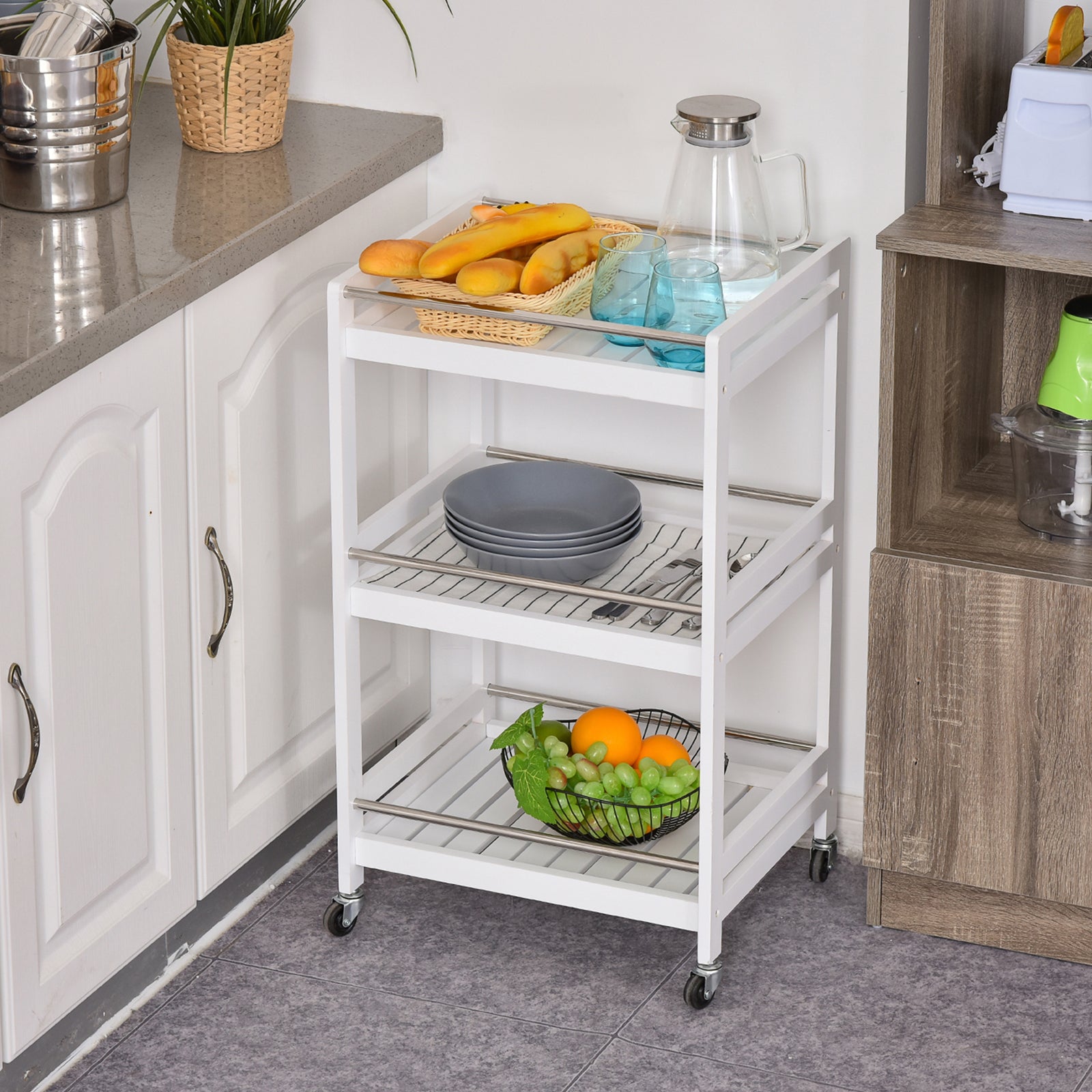 Space-Saving Kitchen Cart in Wood and Stainless Steel, with 3 Shelves and 4 360° Wheels, White, 45cm x 38cm x 78cm