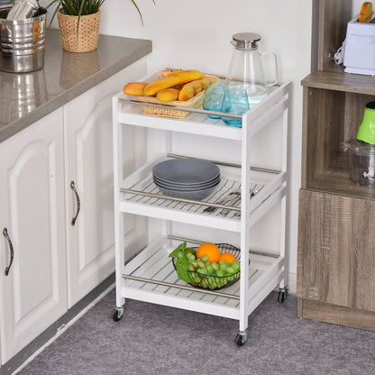 Space-Saving Kitchen Cart in Wood and Stainless Steel, with 3 Shelves and 4 360° Wheels, White, 45cm x 38cm x 78cm