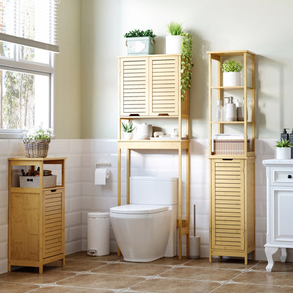 Freestanding Bamboo Bathroom Cabinet with Laundry Hamper Space-Saving Bathroom Floor Cabinet - dim. 40L x 30W x 86.5H cm