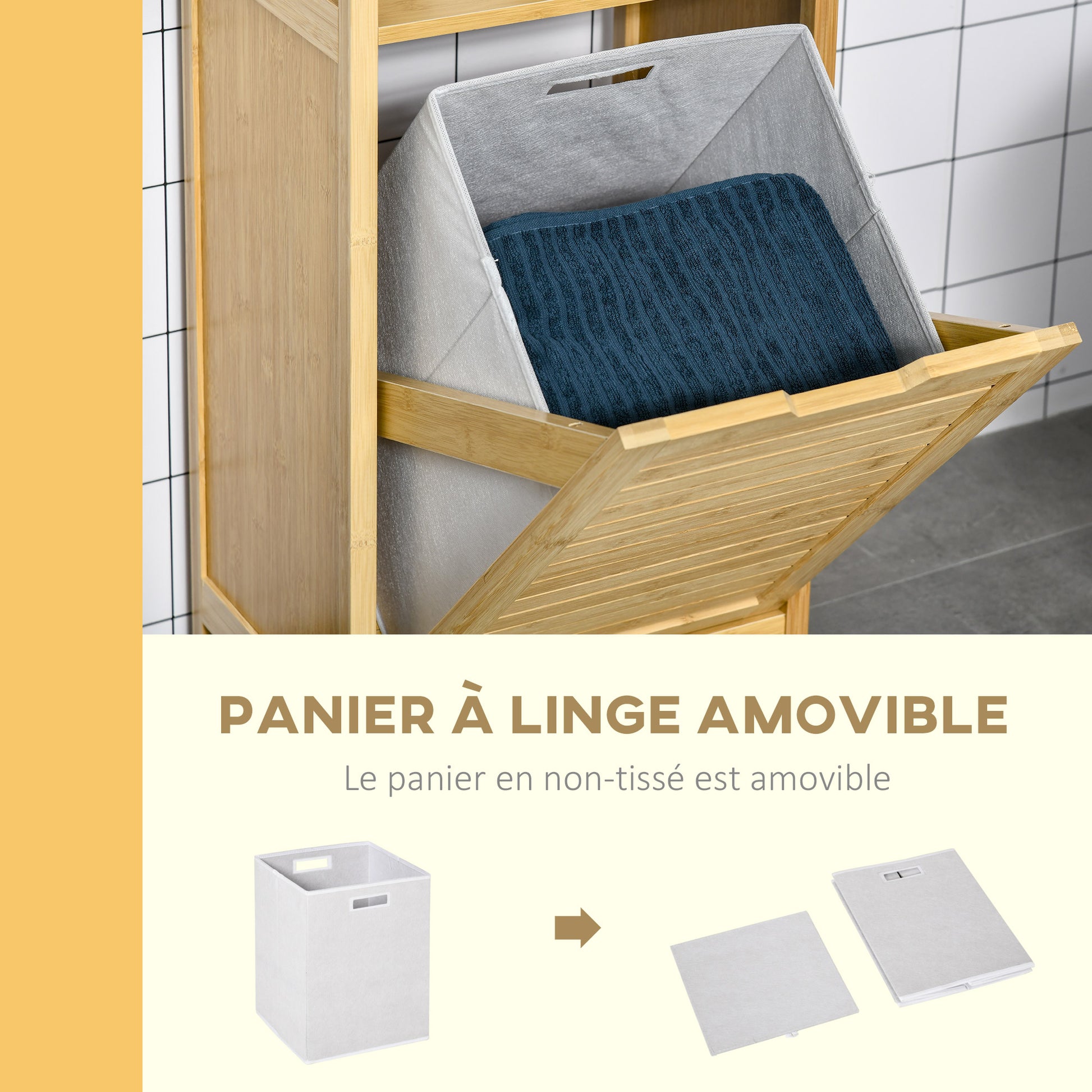 Freestanding Bamboo Bathroom Cabinet with Laundry Hamper Space-Saving Bathroom Floor Cabinet - dim. 40L x 30W x 86.5H cm