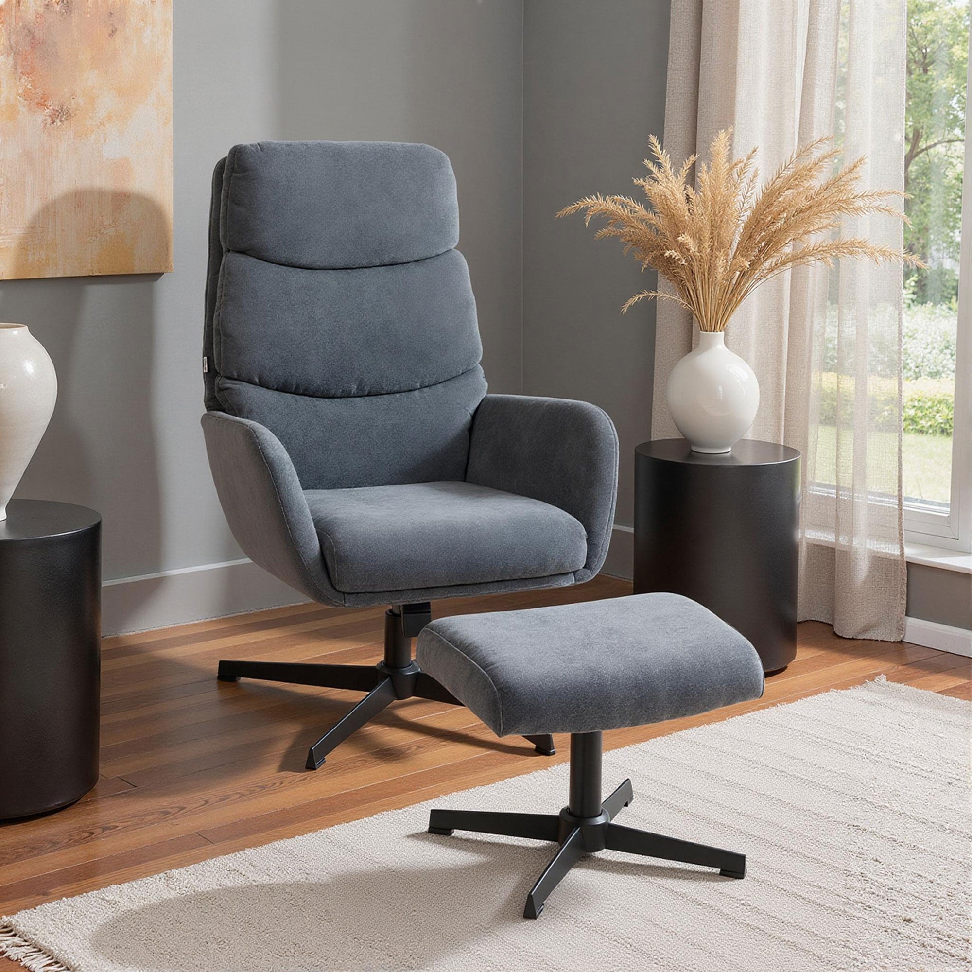 Relax Chair with Ottoman, High-Back Rocking Lounge Chair in Linen-Look Fabric with Metal Base, Accent Armchair for Living Room & Bedroom, Gray