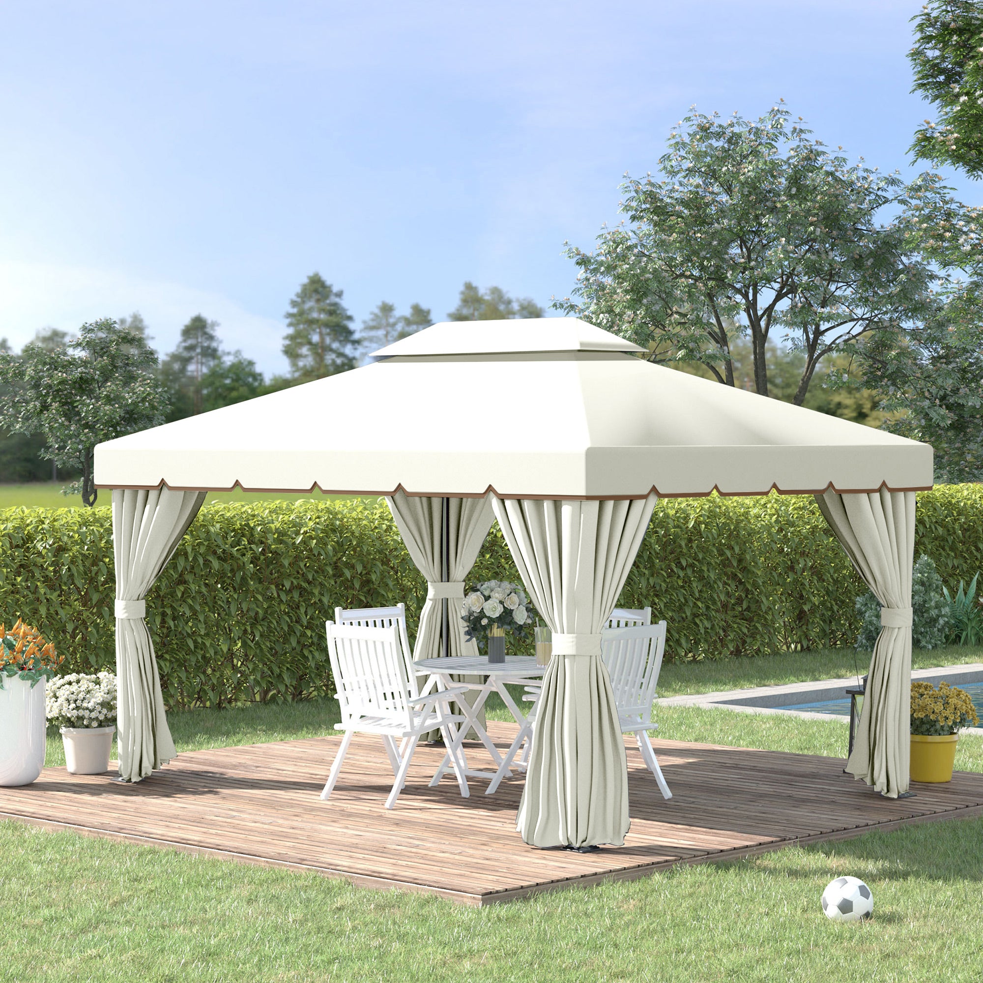 Garden Gazebo 4x3 m Aluminum Gazebo with Ventilation Roof, 4 Side Curtains, 4 Mosquito Nets, and 8 Drainage Holes for Outdoor Parties Events White