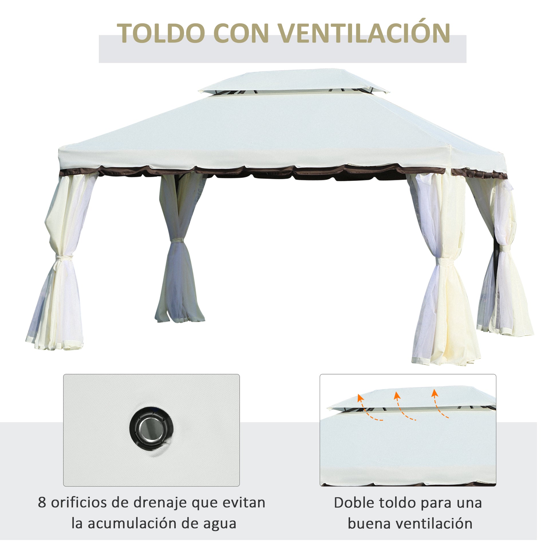 Garden Gazebo 4x3 m Aluminum Gazebo with Ventilation Roof, 4 Side Curtains, 4 Mosquito Nets, and 8 Drainage Holes for Outdoor Parties Events White
