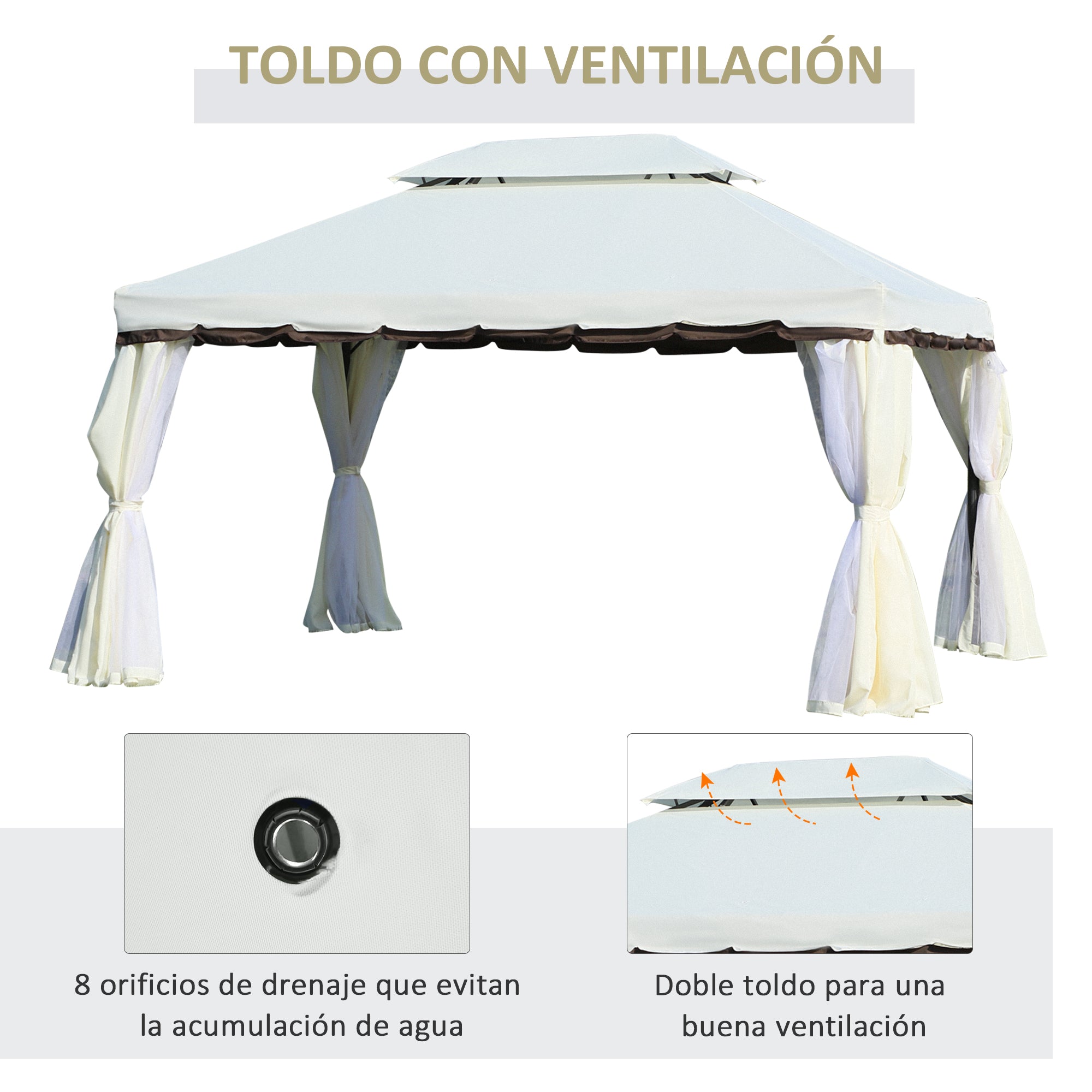 Garden Gazebo 4x3 m Aluminum Gazebo with Ventilation Roof, 4 Side Curtains, 4 Mosquito Nets, and 8 Drainage Holes for Outdoor Parties Events White
