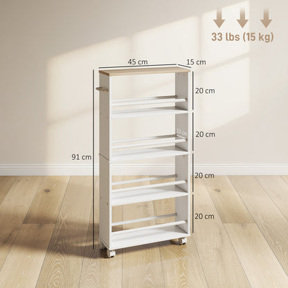 4-Tier Narrow Rolling Kitchen Cart with Handle & Brakes, Versatile Utility Trolley for Kitchen, Office, Bathroom — Natural