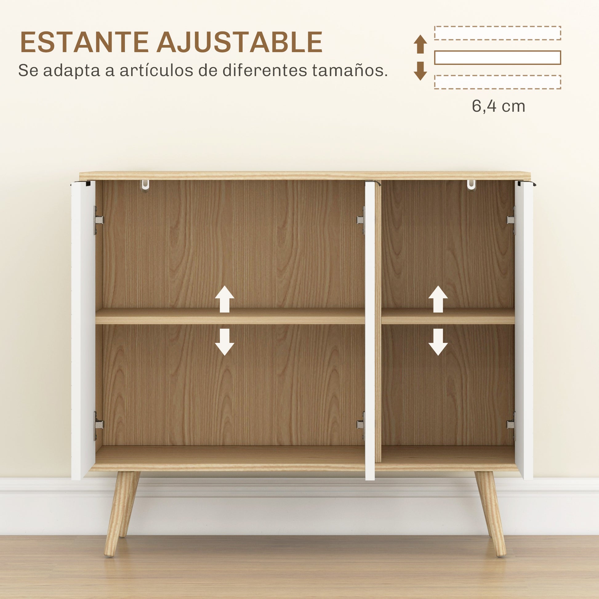 Kitchen Sideboard Kitchen Auxiliary Furniture with 3 Herringbone Pattern Doors, Wooden Legs and Adjustable Shelves Buffet Furniture for Dining Room Living Room 91.5x35x77.4 cm White and Natural