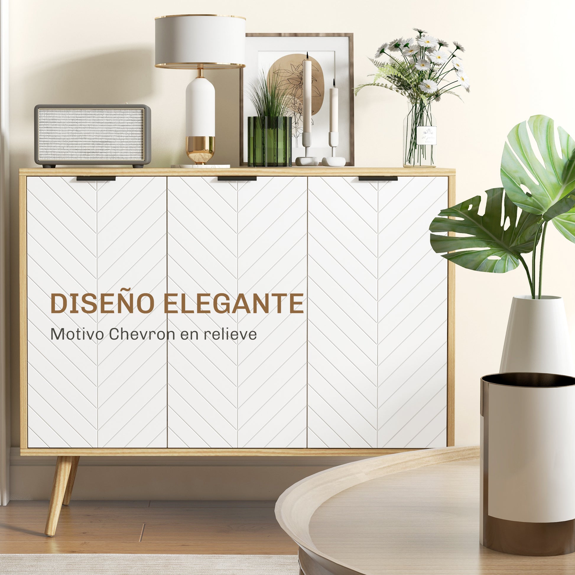 Kitchen Sideboard Kitchen Auxiliary Furniture with 3 Herringbone Pattern Doors, Wooden Legs and Adjustable Shelves Buffet Furniture for Dining Room Living Room 91.5x35x77.4 cm White and Natural