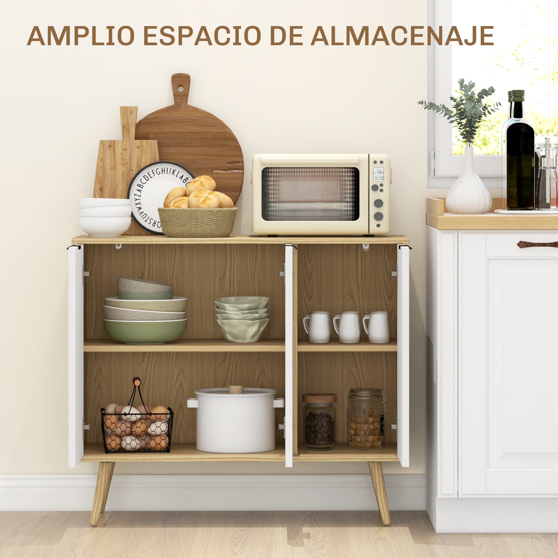 Kitchen Sideboard Kitchen Auxiliary Furniture with 3 Herringbone Pattern Doors, Wooden Legs and Adjustable Shelves Buffet Furniture for Dining Room Living Room 91.5x35x77.4 cm White and Natural