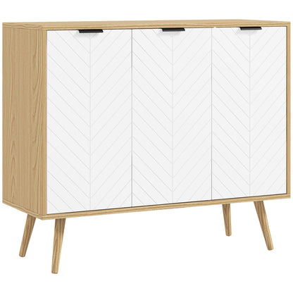 Kitchen Sideboard Kitchen Auxiliary Furniture with 3 Herringbone Pattern Doors, Wooden Legs and Adjustable Shelves Buffet Furniture for Dining Room Living Room 91.5x35x77.4 cm White and Natural