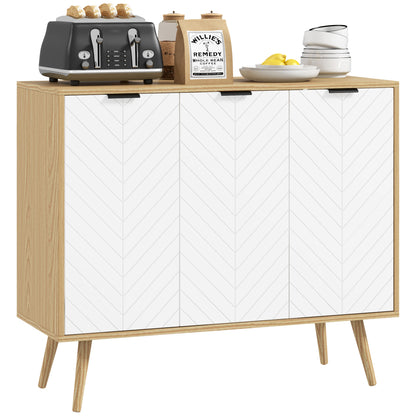 Kitchen Sideboard Kitchen Auxiliary Furniture with 3 Herringbone Pattern Doors, Wooden Legs and Adjustable Shelves Buffet Furniture for Dining Room Living Room 91.5x35x77.4 cm White and Natural