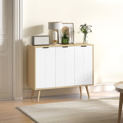 Kitchen Sideboard Kitchen Auxiliary Furniture with 3 Herringbone Pattern Doors, Wooden Legs and Adjustable Shelves Buffet Furniture for Dining Room Living Room 91.5x35x77.4 cm White and Natural