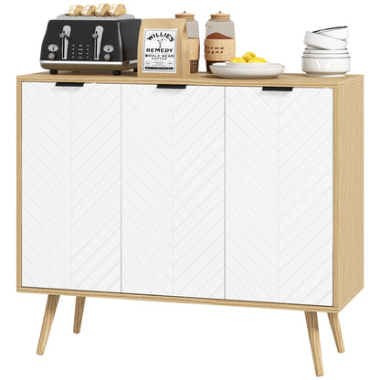 Kitchen Sideboard Kitchen Auxiliary Furniture with 3 Herringbone Pattern Doors, Wooden Legs and Adjustable Shelves Buffet Furniture for Dining Room Living Room 91.5x35x77.4 cm White and Natural
