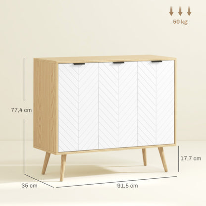 Kitchen Sideboard Kitchen Auxiliary Furniture with 3 Herringbone Pattern Doors, Wooden Legs and Adjustable Shelves Buffet Furniture for Dining Room Living Room 91.5x35x77.4 cm White and Natural