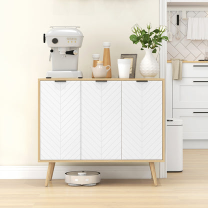 Kitchen Sideboard Kitchen Auxiliary Furniture with 3 Herringbone Pattern Doors, Wooden Legs and Adjustable Shelves Buffet Furniture for Dining Room Living Room 91.5x35x77.4 cm White and Natural