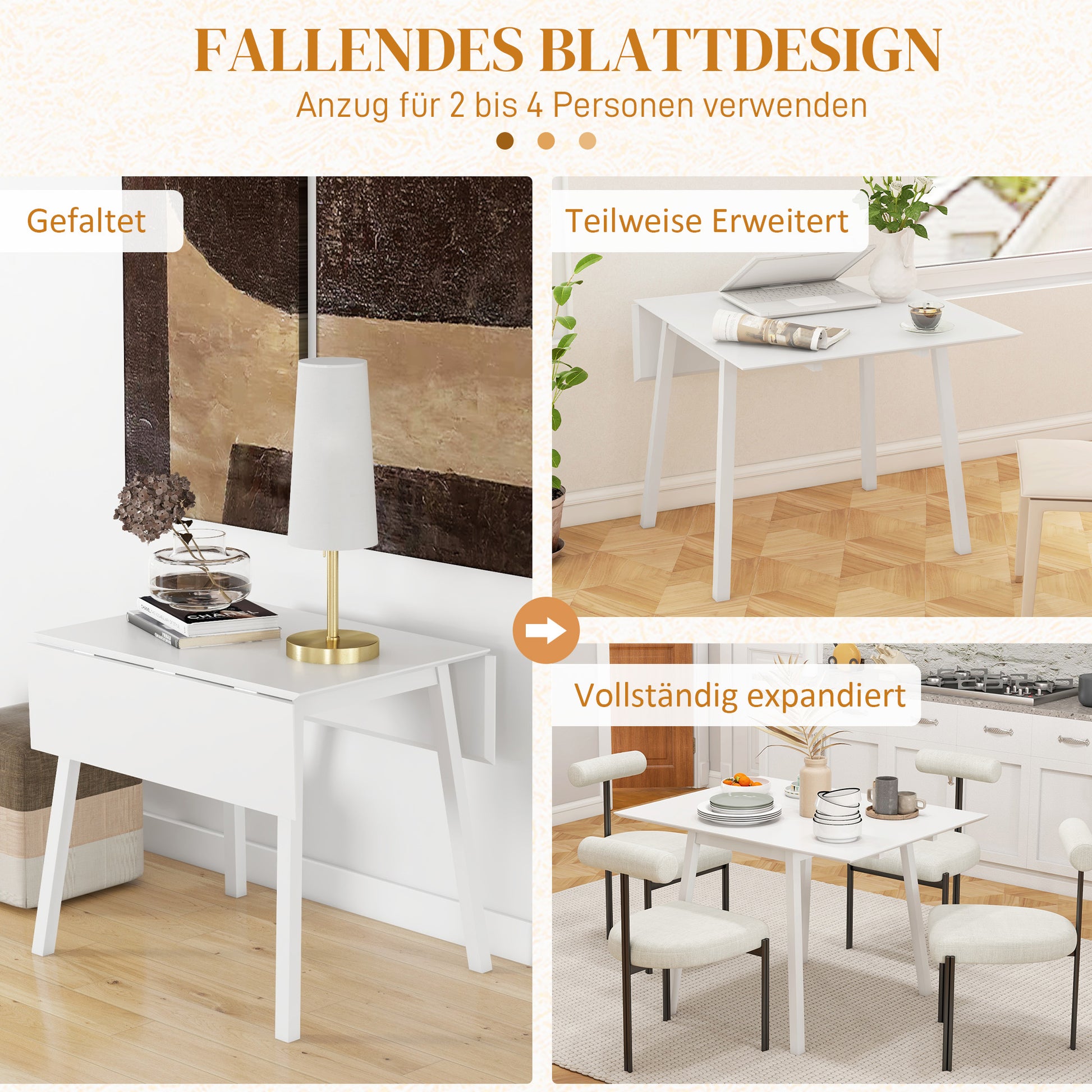 Folding Dining Table Kitchen Table for 2-4 Persons Dining Table Foldable in Country Style for Small Spaces, Kitchen, Dining Room 110 x 86 x 75 cm, White