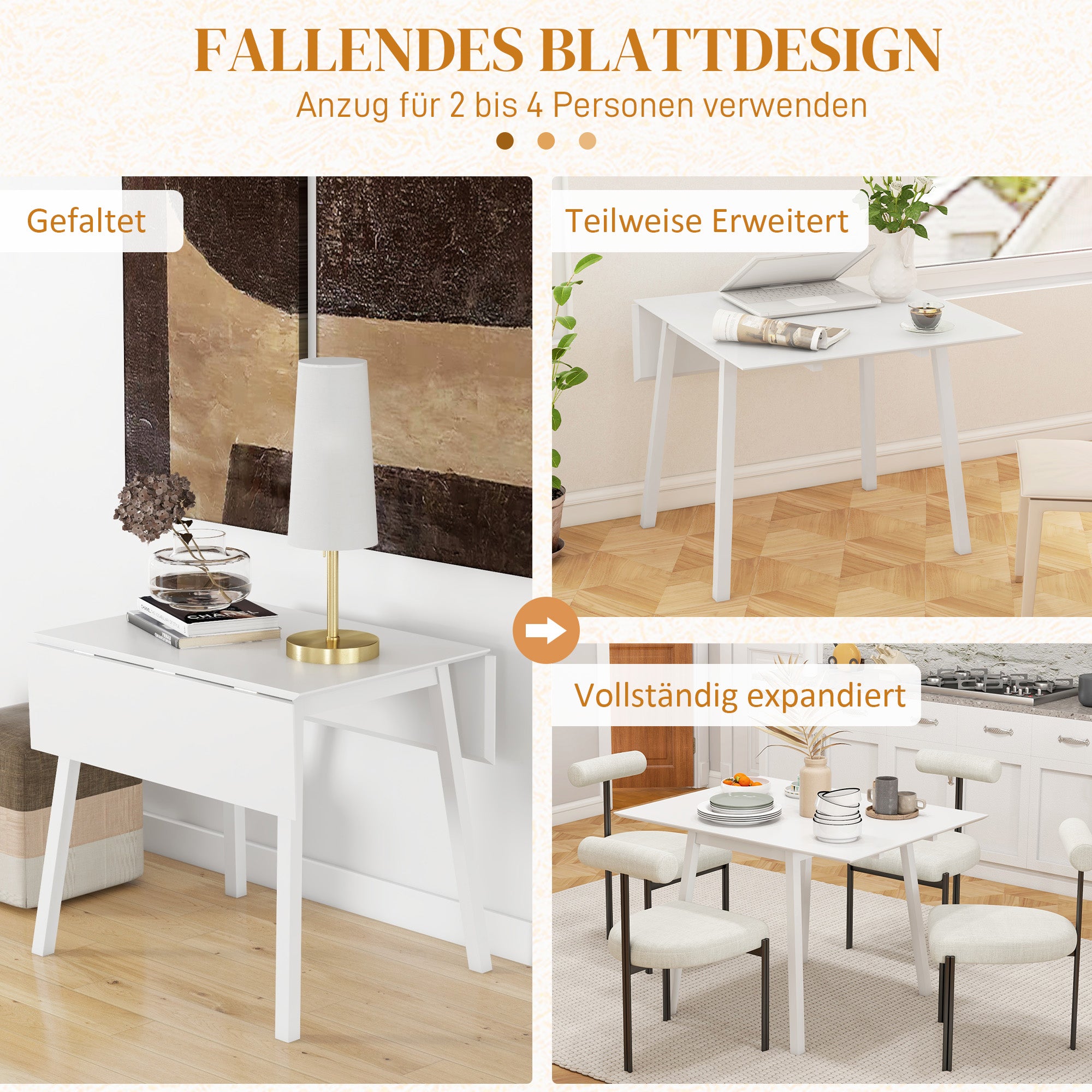 Folding Dining Table Kitchen Table for 2-4 Persons Dining Table Foldable in Country Style for Small Spaces, Kitchen, Dining Room 110 x 86 x 75 cm, White