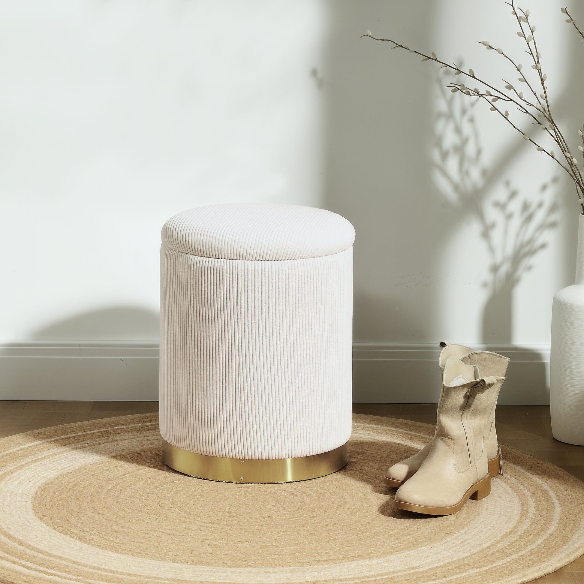 Ottoman with Storage Ottoman with Lid, Steel Base, Round Footstool Upholstered Ottoman with Foot Pads, Corduroy Look 36 x 36 x 44 cm Cream