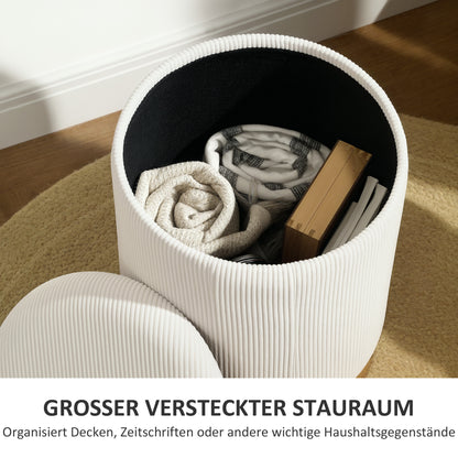 Ottoman with Storage Ottoman with Lid, Steel Base, Round Footstool Upholstered Ottoman with Foot Pads, Corduroy Look 36 x 36 x 44 cm Cream