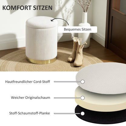 Ottoman with Storage Ottoman with Lid, Steel Base, Round Footstool Upholstered Ottoman with Foot Pads, Corduroy Look 36 x 36 x 44 cm Cream