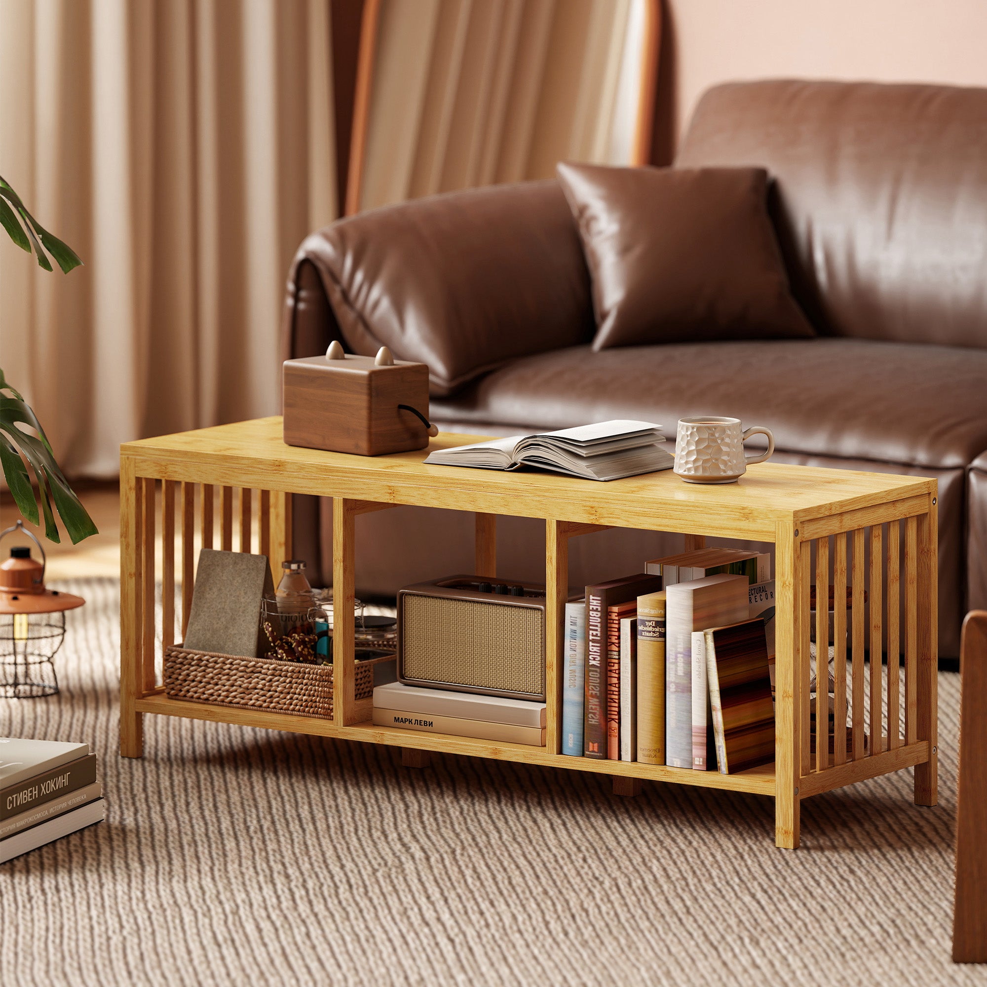 Bamboo Shoe Bench with Padded Seat and Open Shelf for Hallway & Entryway, 40.2 x 13.0 x 17.7 in, Natural Wood