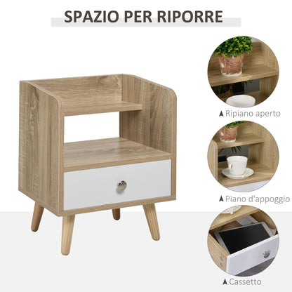 Bedside Table with Drawer and Shelf, Low Cabinet for Bedroom, Space-Saving Side Table in Wood, White
