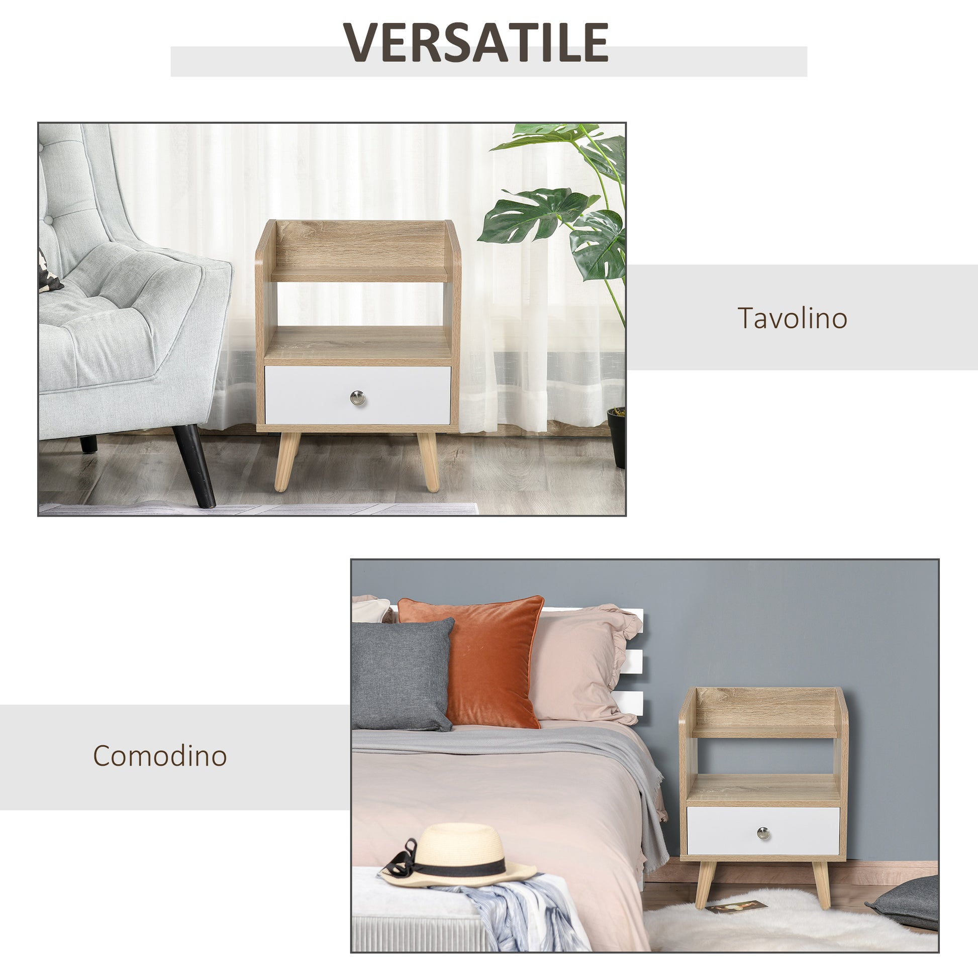 Bedside Table with Drawer and Shelf, Low Cabinet for Bedroom, Space-Saving Side Table in Wood, White