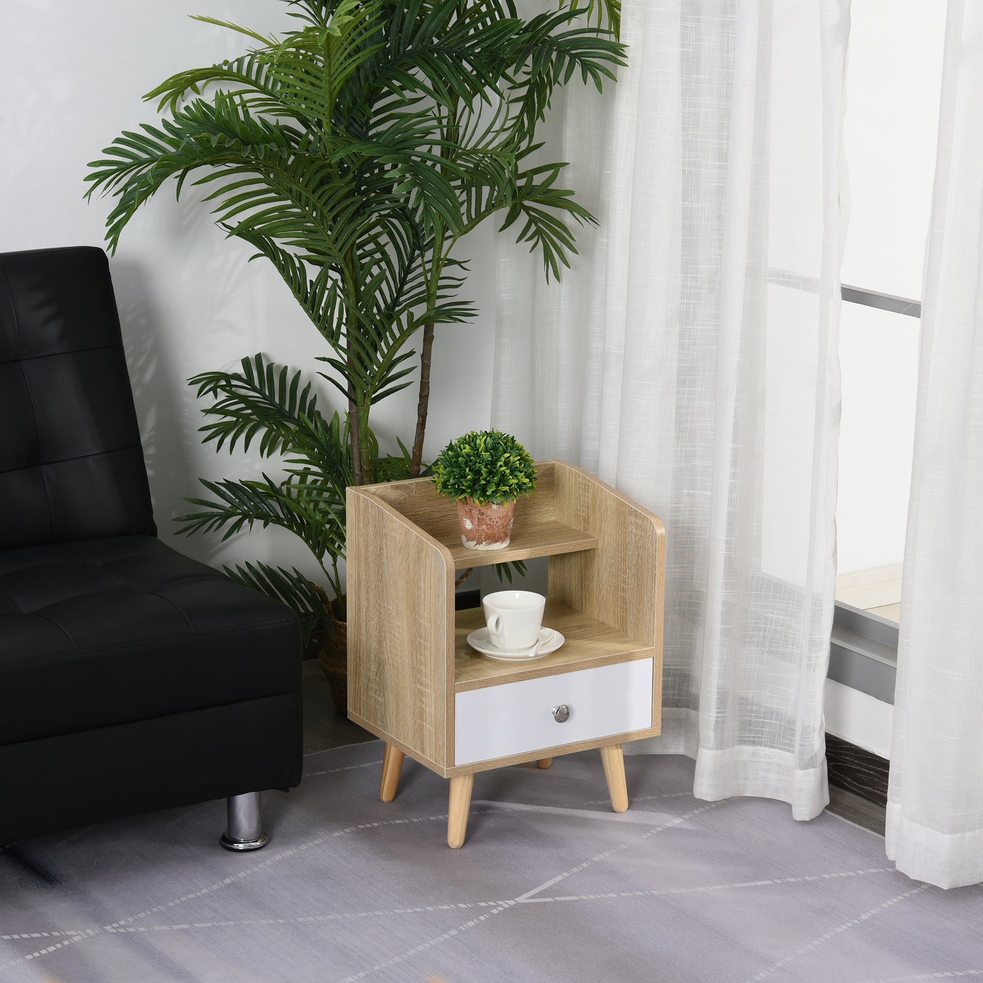 Bedside Table with Drawer and Shelf, Low Cabinet for Bedroom, Space-Saving Side Table in Wood, White