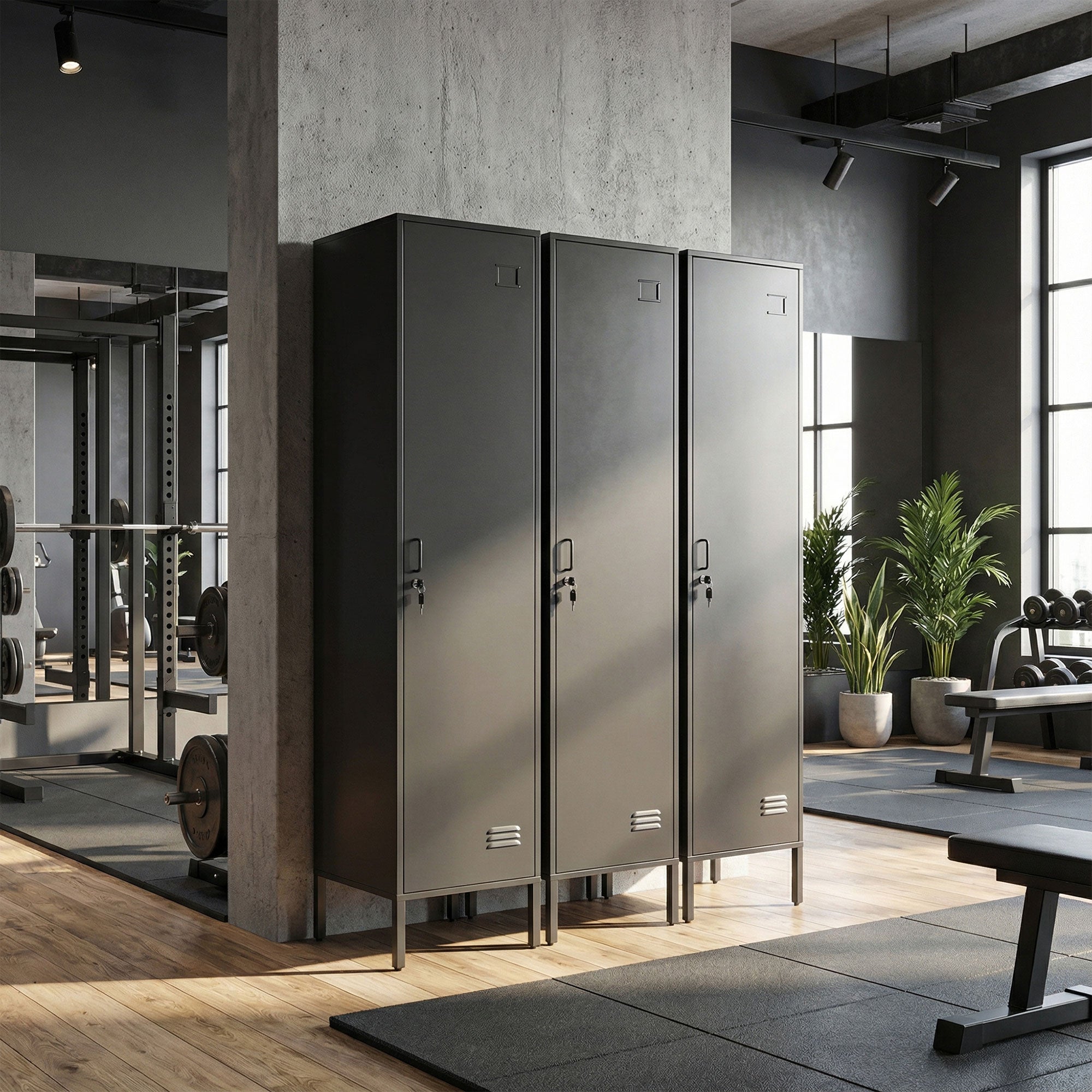 Steel Locker with Lock, Hanging Rail, Label Holder & Ventilated Door, 15.7 x 15.7 x 70.5 in, Black