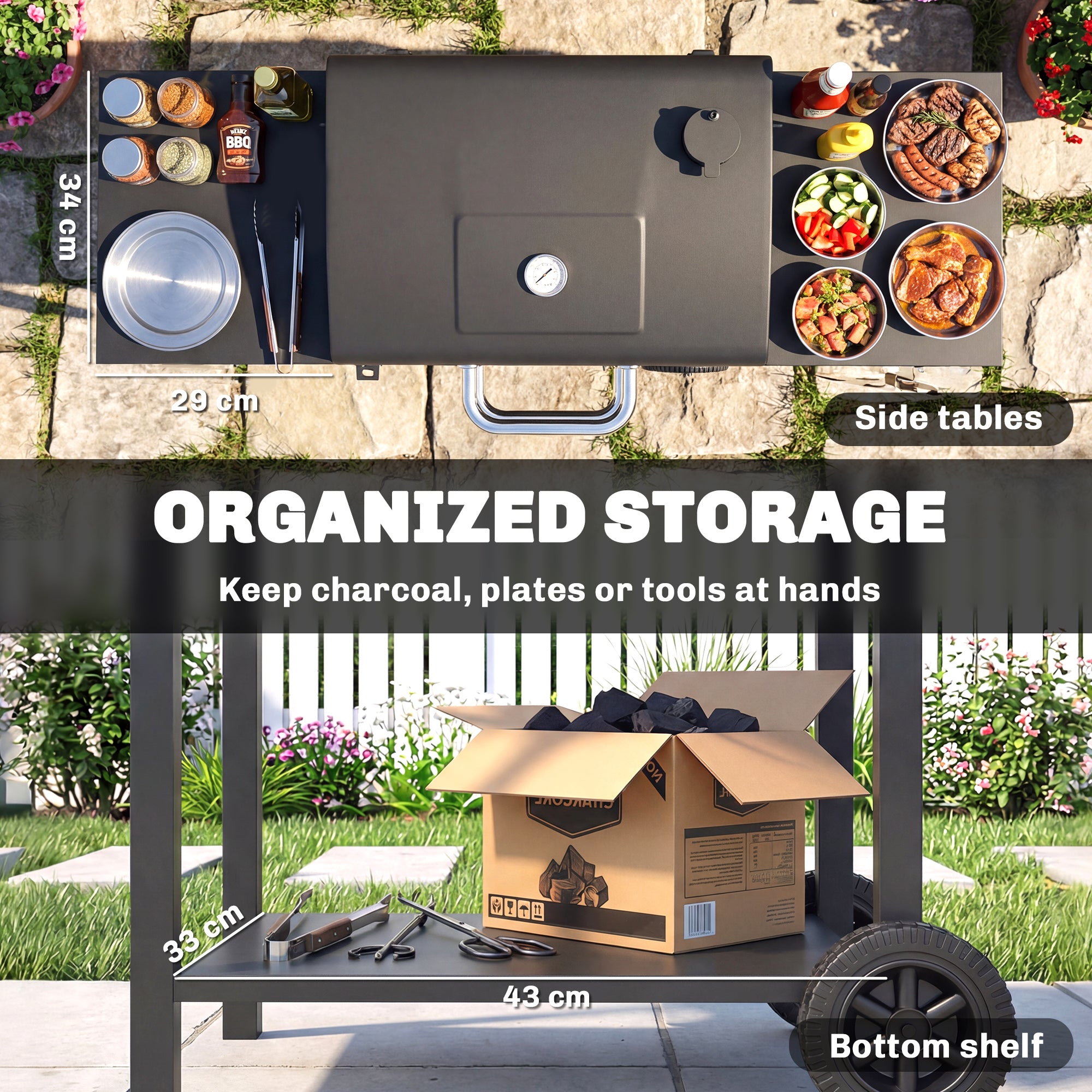 Charcoal Grill with Lid — BBQ Smoker Cart with 2 Side Tables, Large Cooking Area, Thermometer & Wheels, 43.3 x 18.3 x 39.8 in (Black)