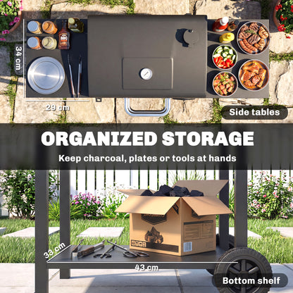 Charcoal Grill with Lid — BBQ Smoker Cart with 2 Side Tables, Large Cooking Area, Thermometer & Wheels, 43.3 x 18.3 x 39.8 in (Black)