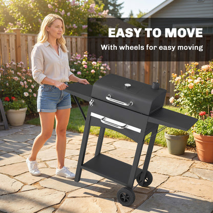 Charcoal Grill with Lid — BBQ Smoker Cart with 2 Side Tables, Large Cooking Area, Thermometer & Wheels, 43.3 x 18.3 x 39.8 in (Black)