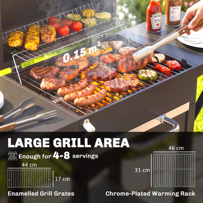 Charcoal Grill with Lid — BBQ Smoker Cart with 2 Side Tables, Large Cooking Area, Thermometer & Wheels, 43.3 x 18.3 x 39.8 in (Black)