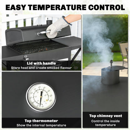 Charcoal Grill with Lid — BBQ Smoker Cart with 2 Side Tables, Large Cooking Area, Thermometer & Wheels, 43.3 x 18.3 x 39.8 in (Black)