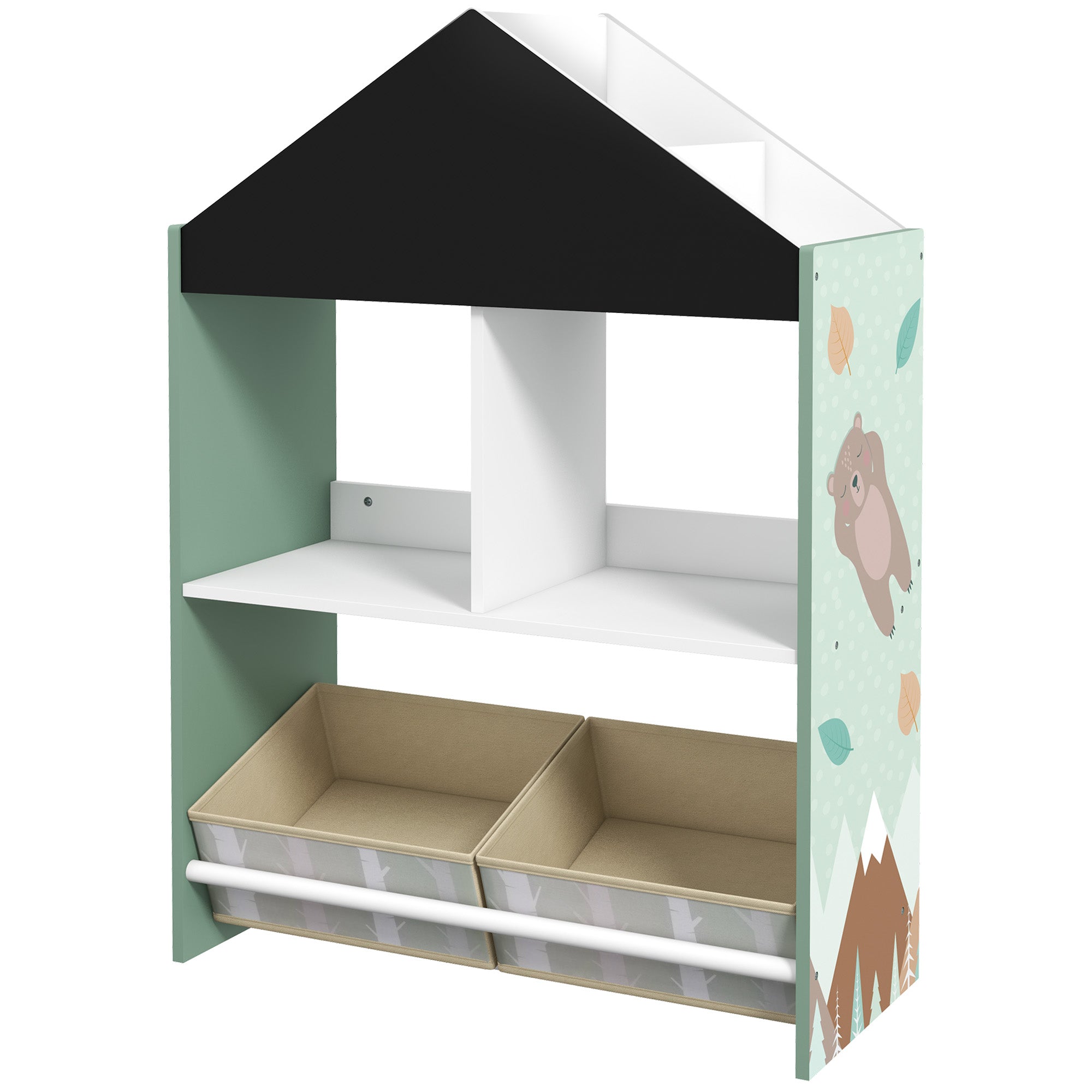ZONEKIZ Toy Shelf Children's Organizer with Paintable Chalkboard Open Shelves and 2 Removable Non-Woven Fabric Boxes for Playroom Nursery Room 62.4x26.5x90 cm Green