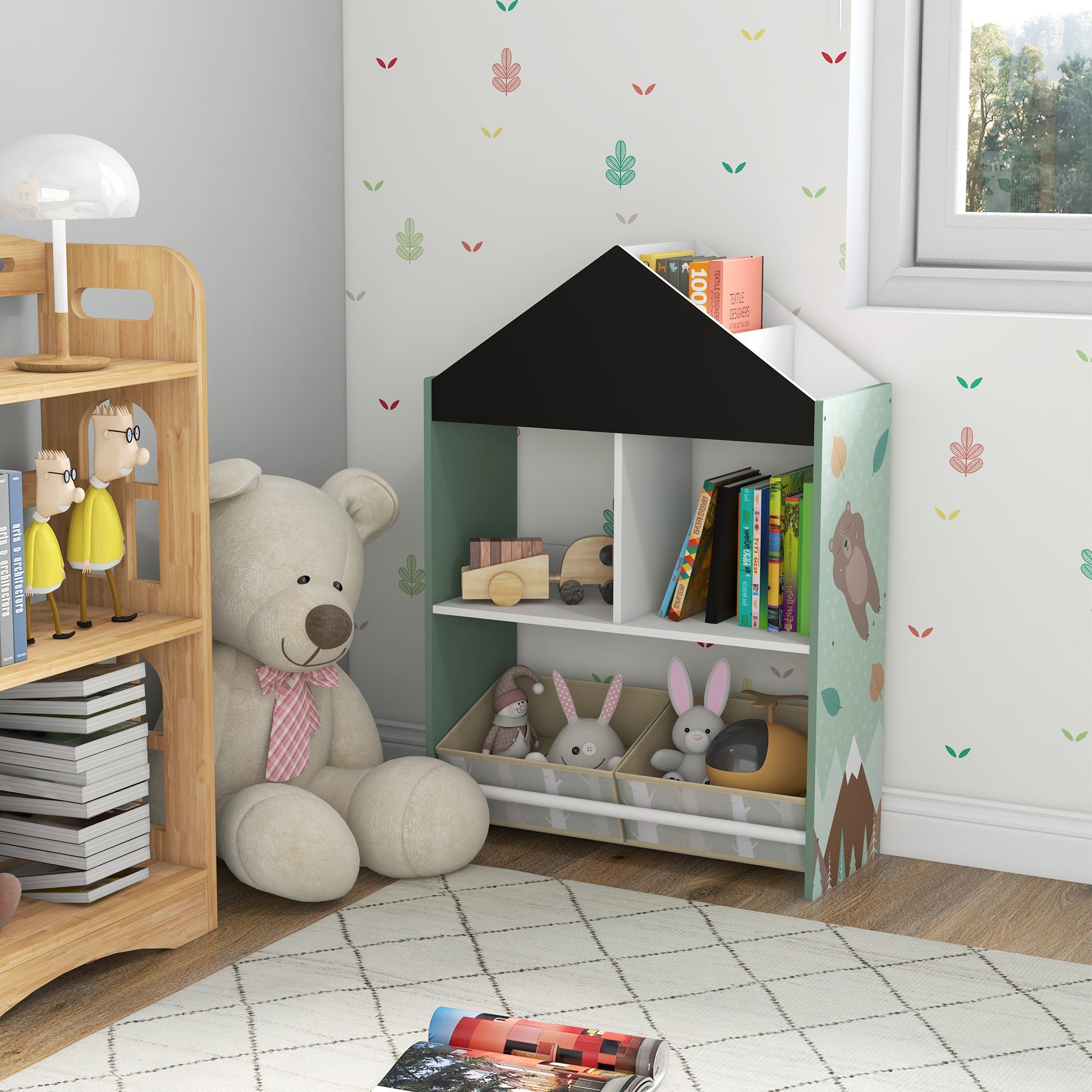 ZONEKIZ Toy Shelf Children's Organizer with Paintable Chalkboard Open Shelves and 2 Removable Non-Woven Fabric Boxes for Playroom Nursery Room 62.4x26.5x90 cm Green