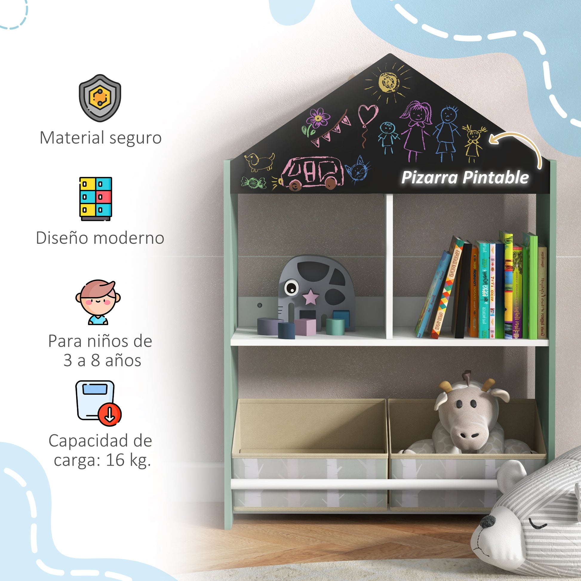 ZONEKIZ Toy Shelf Children's Organizer with Paintable Chalkboard Open Shelves and 2 Removable Non-Woven Fabric Boxes for Playroom Nursery Room 62.4x26.5x90 cm Green