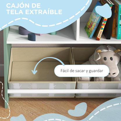 ZONEKIZ Toy Shelf Children's Organizer with Paintable Chalkboard Open Shelves and 2 Removable Non-Woven Fabric Boxes for Playroom Nursery Room 62.4x26.5x90 cm Green